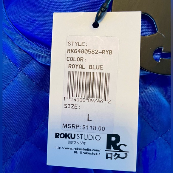 Roku Studio Rhinestones Tear Drop Varsity Jacket Coat Shiny Royal Blue Unisex - Picture 8 of 9